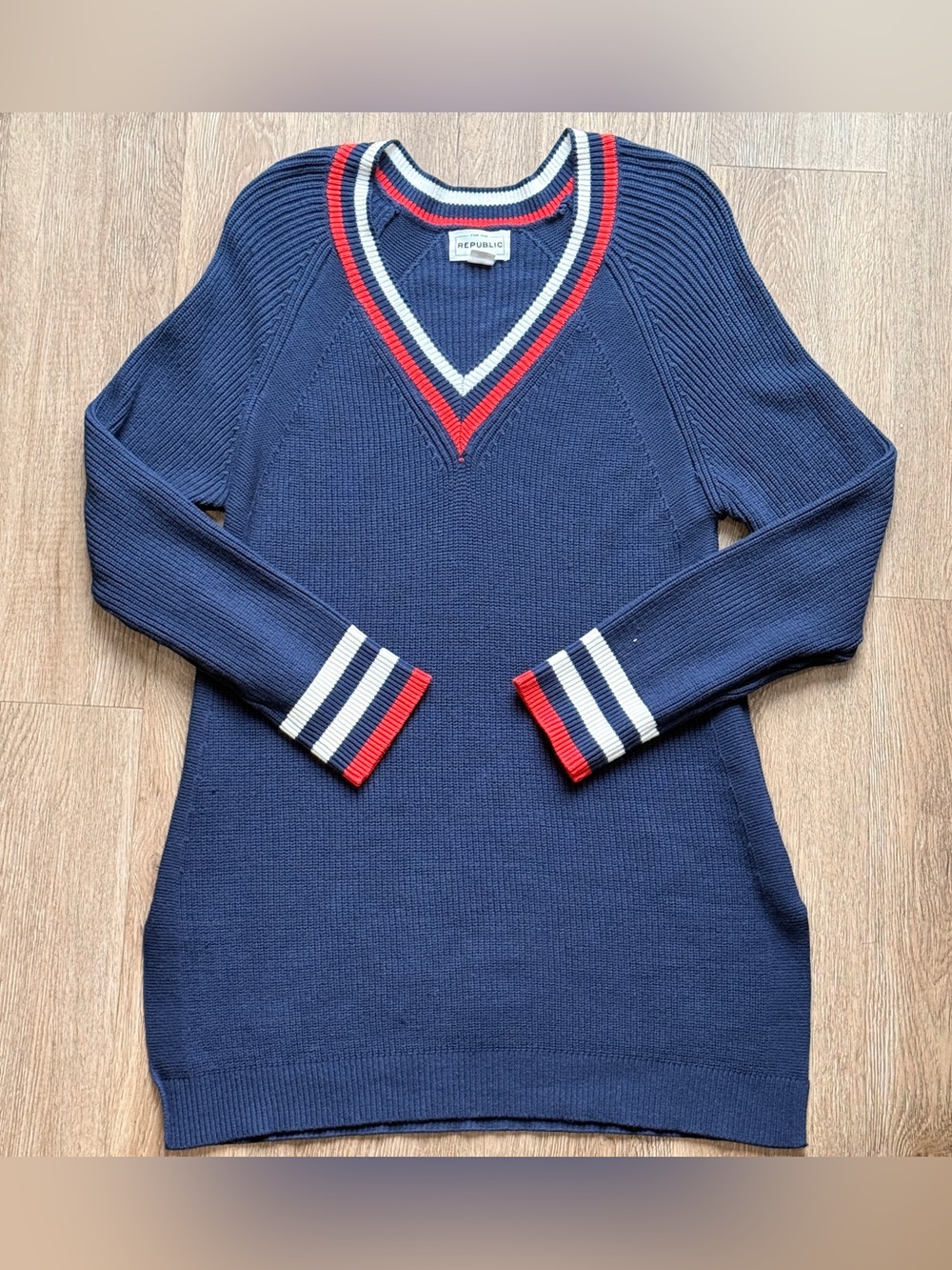 For the Republic V-Neck Varsity Stripe Sweater – Navy Red & White – L/G